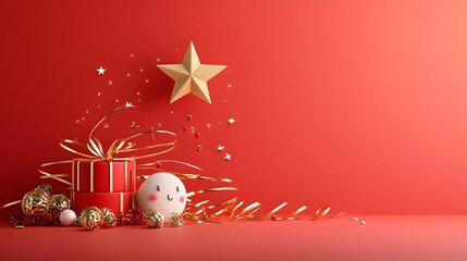 Aufkleber - Radiant star shimmering above a luxuriously decorated red stage adorned with gleaming gold ribbons and shining lines setting the scene for a grand and festive