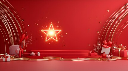 Leinwandbilder - Festive red stage with a glowing star surrounded by radiant lines and gold ribbon for award themes and ceremonies  Elegant luxurious backdrop for prestigious events performances and