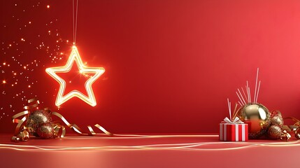 Fototapete - Elegant and luxurious stage backdrop featuring a glowing star suspended over a red stage