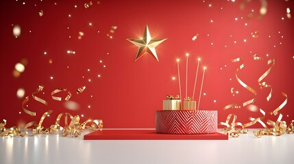 Aufkleber - Elegant award ceremony background featuring a radiant star above a red stage decorated with shimmering gold ribbons and glowing light lines