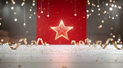 Poster - Stunning award ceremony backdrop featuring a radiant star shining above a gilded stage adorned with gleaming gold ribbons and luminous light lines creating an atmosphere of glamour