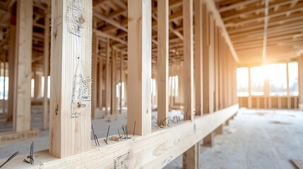 Poster - Close up view of a wooden house frame under construction showcasing the intricate wood grain nails and natural sunlight filtering through the structure