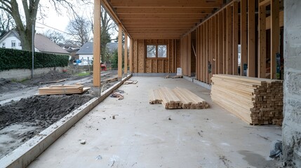 Poster - Partially constructed traditional wooden house structure at a construction site with wooden planks and building materials neatly stacked and organized on the side