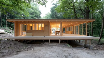 Aufkleber - Partially constructed wooden house with exposed framework situated in a peaceful forest environment with natural lighting filtering through the trees and creating a warm atmospheric ambiance