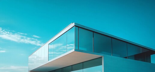 Poster - Modern building with large windows against a clear blue sky.