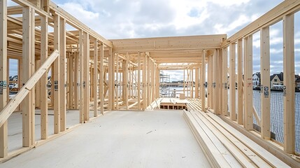 Poster - Wooden house frame in the early stages of construction with beams neatly aligned and the sky visible in the background representing the beginning of a new residential building project