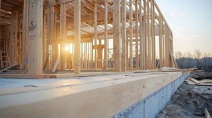 Poster - Close up view of a large timber frame house under construction showcasing the intricate joints and beams in the warm morning light