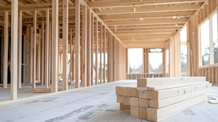 Poster - Close up view showcasing the intricate joints and wooden beams of a large timber frame house under construction captured in the soft morning light