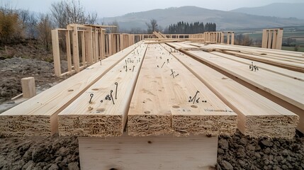 Poster - Close view of a wooden house under construction highlighting the intricate beams and nails in a serene natural landscape setting