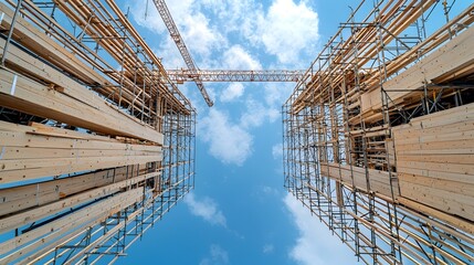 Aufkleber - Meticulously Aligned Wooden Beams in Midstage Construction Site against Picturesque Blue Sky   Architectural Framing and Industrial Development Concept