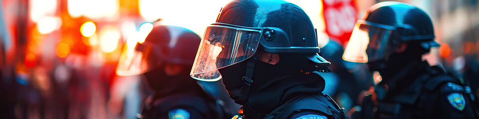 Police officers in riot gear form a barricade, blocking out protestors' signs.