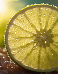 Wall Mural - Cut lime, fruit, macro, portrait. Fresh lime with water drops.