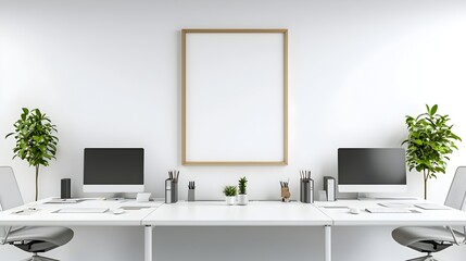 Leinwandbilder - Sleek and modern white office interior with minimalist desks computer monitors and a blank frame on the wall creating a clean and professional work environment