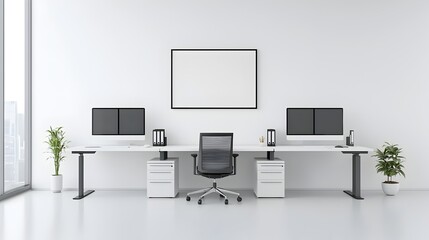 Leinwandbilder - Sleek and modern white office workspace with clean desks computer monitors and a blank frame mounted on the wall creating a minimalist and professional environment for work and productivity