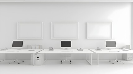 Aufkleber - Minimalistic 3D rendered office space featuring white desks computer screens and blank frames against a clean white wall creating a modern and professional work environment