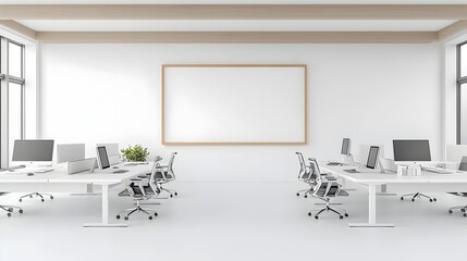 Leinwandbilder - Sleek and sophisticated modern office interior with clean desks computers and a large blank frame on the wall creating a minimalist and professional environment for business and