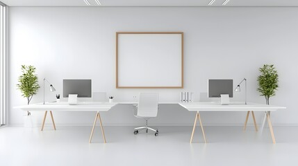 Aufkleber - Bright and minimalist office layout featuring a clean white workspace with a simple desk computer monitor and a blank frame on the wall