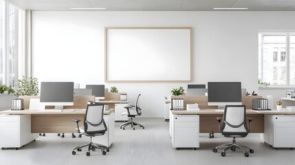 Aufkleber - Minimalist and clean white tone office space with modern desks computer monitors and a blank frame on the wall bathed in natural lighting from large windows