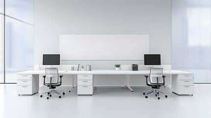 Leinwandbilder - Sleek and modern white toned office interior with minimalist desks computer monitors and a blank wall perfect for 3D rendering and product mockups  The clean bright