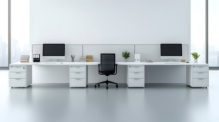 Leinwandbilder - Bright and Minimalistic Modern Office Interior with White Desks Computer Monitors and Blank Wall for Mockup or Template Design