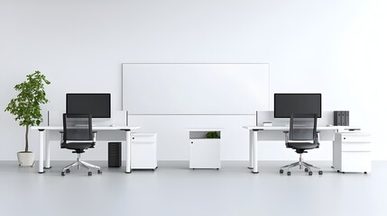 Aufkleber - Elegant and Streamlined 3D Rendering of a Contemporary White Office Workspace with Desks Computers and a Blank Wall for Mockup or Design Presentation