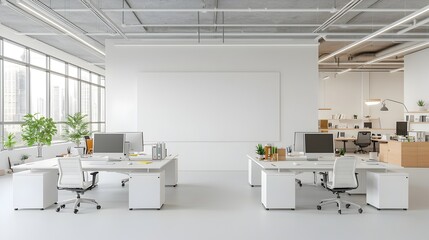 Aufkleber - Bright and Spacious Minimalist Office Interior with White Furniture Computer Screens and Blank Wall Mockup for Branding or Advertising Presentation