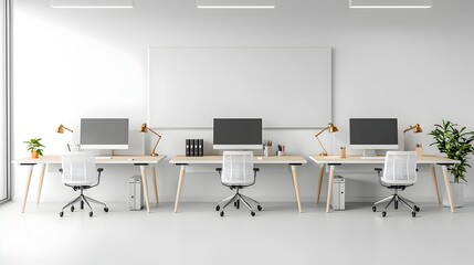 Poster - Bright and Minimalist Open Office Interior with Desks Computers and Empty Wall for Mockup or Presentation in a White Room 3D Rendering