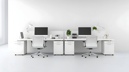 Leinwandbilder - Minimal white toned office setup with clean desks computer monitors and blank walls   an ideal backdrop for product mockups promotional visuals or commercial photography