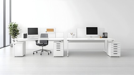 Poster - Spacious and Open White Office Layout with Sleek Desks and Computer Monitors Providing a Blank Wall for Mockup or Branding Purposes