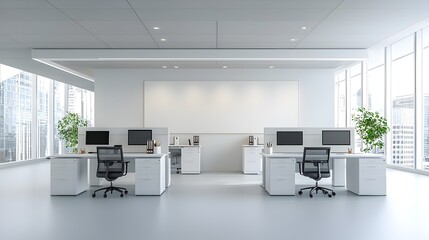 Aufkleber - Sleek and Minimalist Modern Office Workspace with White Desks Blank Wall and Simple Layout Perfect for Mockup Template or Product Presentation