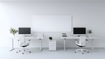 Aufkleber - Minimalist and modern office interior design with white tones computer monitors on desks and a blank wall mockup template for branding and digital applications
