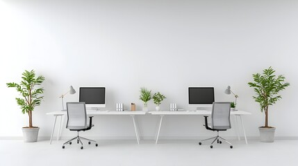 Aufkleber - Bright and contemporary office interior with clean desks computers and a blank wall template  Minimalist and professional workspace design for business productivity and creative projects
