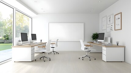 Leinwandbilder - Sleek and Stylish Minimalist White Tone Office Design Mockup with Blank Wall and Desk Setup for Workplace Corporate or Professional Branding and Product Presentation