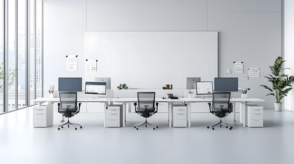 Aufkleber - Bright clean and minimalist white office space with desks monitors and a large blank wall that provides an ideal setting for product mockups presentations or interior decor designs