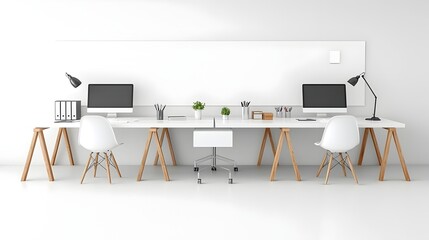 Leinwandbilder - Sleek and Modern White Tone Office Layout with Desks Computers and Blank Wall Perfect for Mockup and Template Design