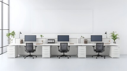 Leinwandbilder - Sleek and Sophisticated Modern White Tone Office Layout with Desks Computers and Blank Wall Perfect for Product Mockup or Branding Template