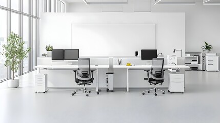 Poster - Minimalist and modern white toned office layout featuring desks computer monitors and a blank wall creating a clean and professional setting perfect for mockup templates or product presentations