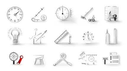 Poster - Collection of minimalist line style icons representing control evaluation inspection and assurance processes  These symbols can be used for management certification and technology applications