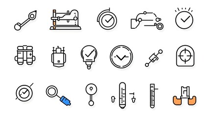Fototapete - Set of minimalist control icons in clean line art style designed for web and mobile applications  These icons feature various testing and certification symbols on a white background