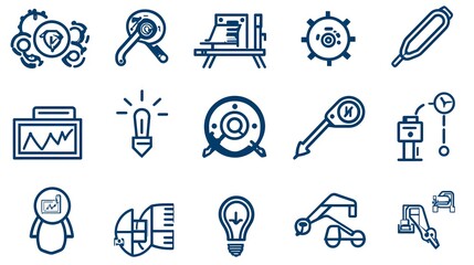 Fototapete - Web icon set in simple line style featuring assurance and evaluation symbols for control management and process on white background  of graphic design elements for technology software