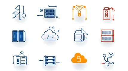 Fototapete - A comprehensive set of minimalist line art icons representing various elements of web hosting and cloud computing services including domain traffic server infrastructure