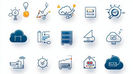 Fototapete - Collection of web hosting icons in modern line style featuring cloud server webspace and data exchange symbols on a clean white background  Technological graphic design elements for website app