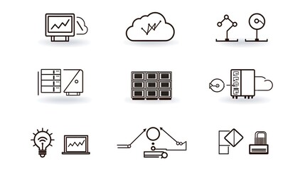 Fototapete - A collection of web hosting icons designed in a clean line style featuring cloud server webspace and data exchange symbols set against a white background
