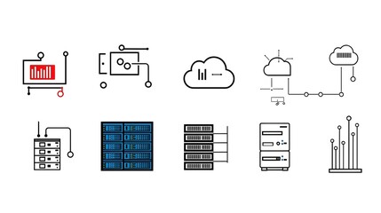 Fototapete - Collection of Web Hosting Icons Featuring Cloud Server Webspace and Data Exchange Symbols Designed in Line Art Style on White Background  Technology Digital and Internet Communication Concept