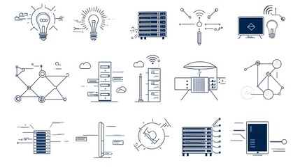 Fototapete - Web Hosting Icon Set in Line Style Featuring Symbols for Domain Server Data Exchange and Webspace on a Clean White Background