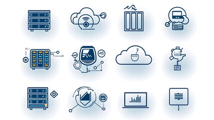 Leinwandbilder - Comprehensive collection of web hosting and server icons designed in a clean minimalistic line art style  The icons feature various cloud service domain and webspace symbols