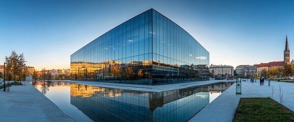 Poster - Modern glass building with a reflecting pool in front of it.