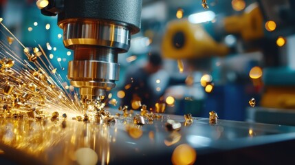 Poster - High Precision Metal Lathe Cutting Process with Alloy Material, Sparks Flying, and Focus on Precision Engineering in Modern Workshop Environment