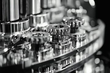 Poster - Intricate Close-Up of Diesel Engine's Timing Gears Showcasing Precision Engineering and Mechanical Complexity in a Monochrome Aesthetic