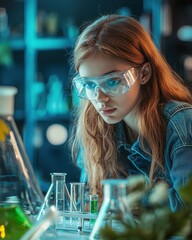 Aufkleber - Focused Female Scientist in Lab with Chemical Test Tubes, Wearing Protective Eyewear, Engaged in Scientific Experimentation Amidst Colorful Glassware and Equipment